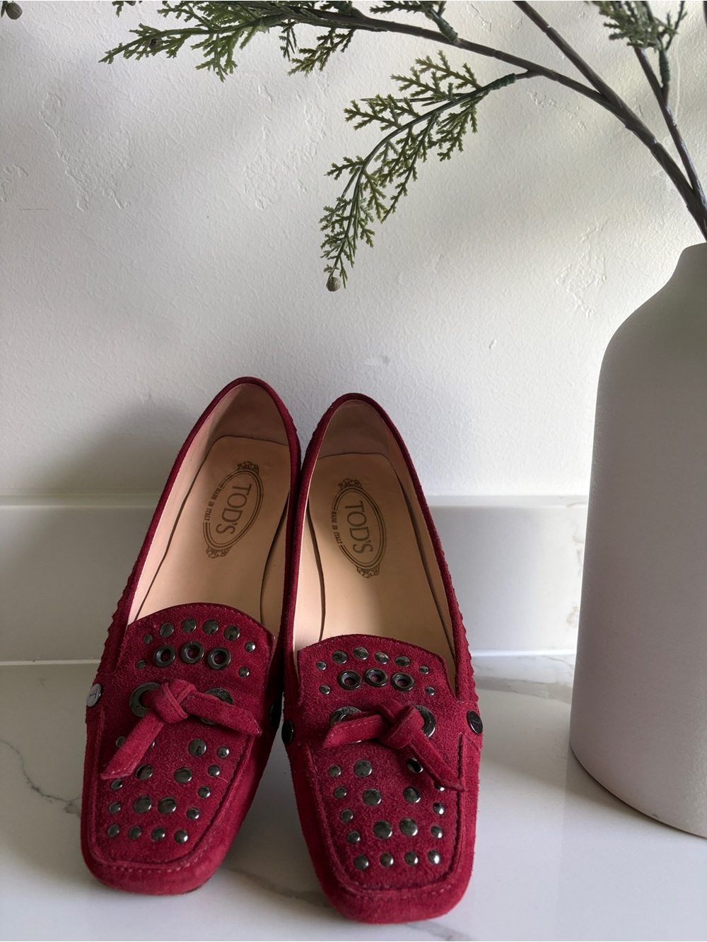Tod's Wine Red Suede Studded Loafers with Knotted Detail